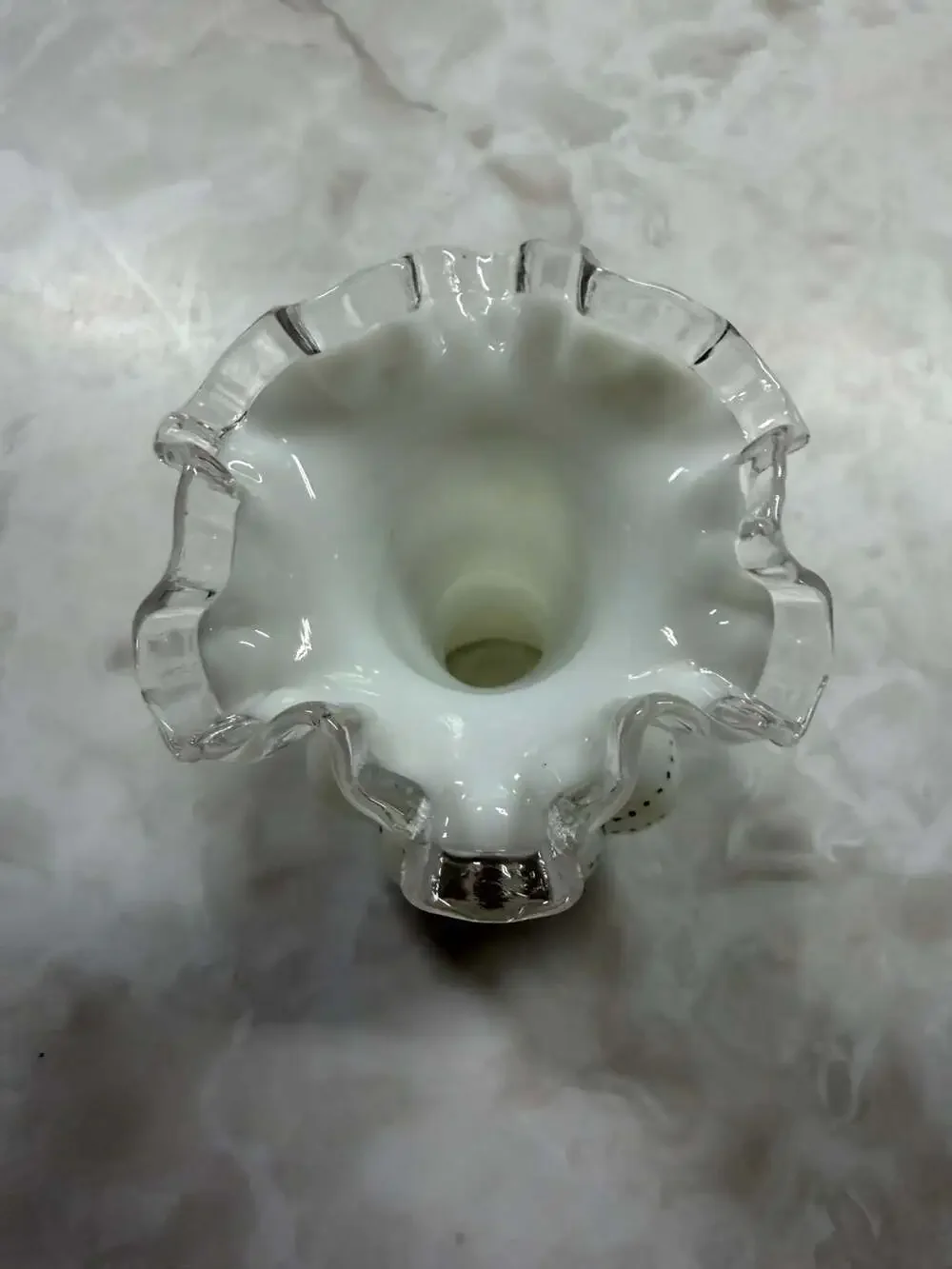 Vintage Fenton Silvercrest Beaded Melon Vase White Milk Glass with Clear Ruffled